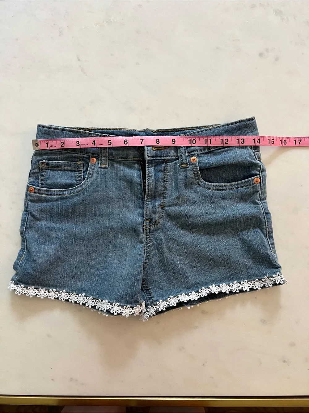 Levi's Blue Denim Shorts with White Lace Trim